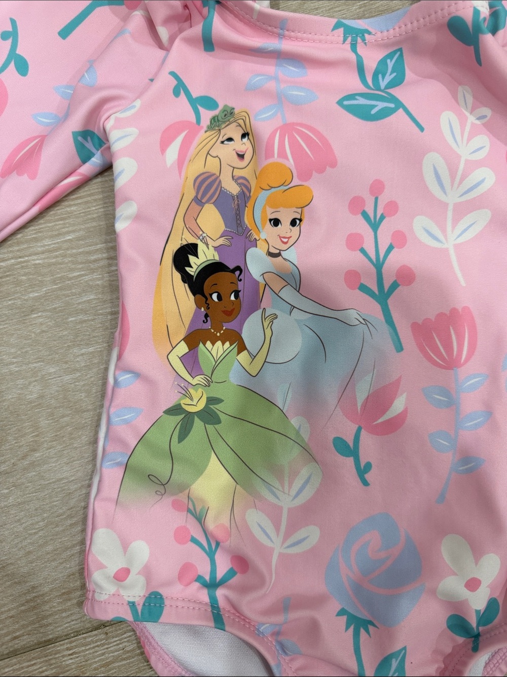 Disney Princess Pink Girls' Long-Sleeve One-Piece Swimsuit with Floral Print - Picture 2 of 4